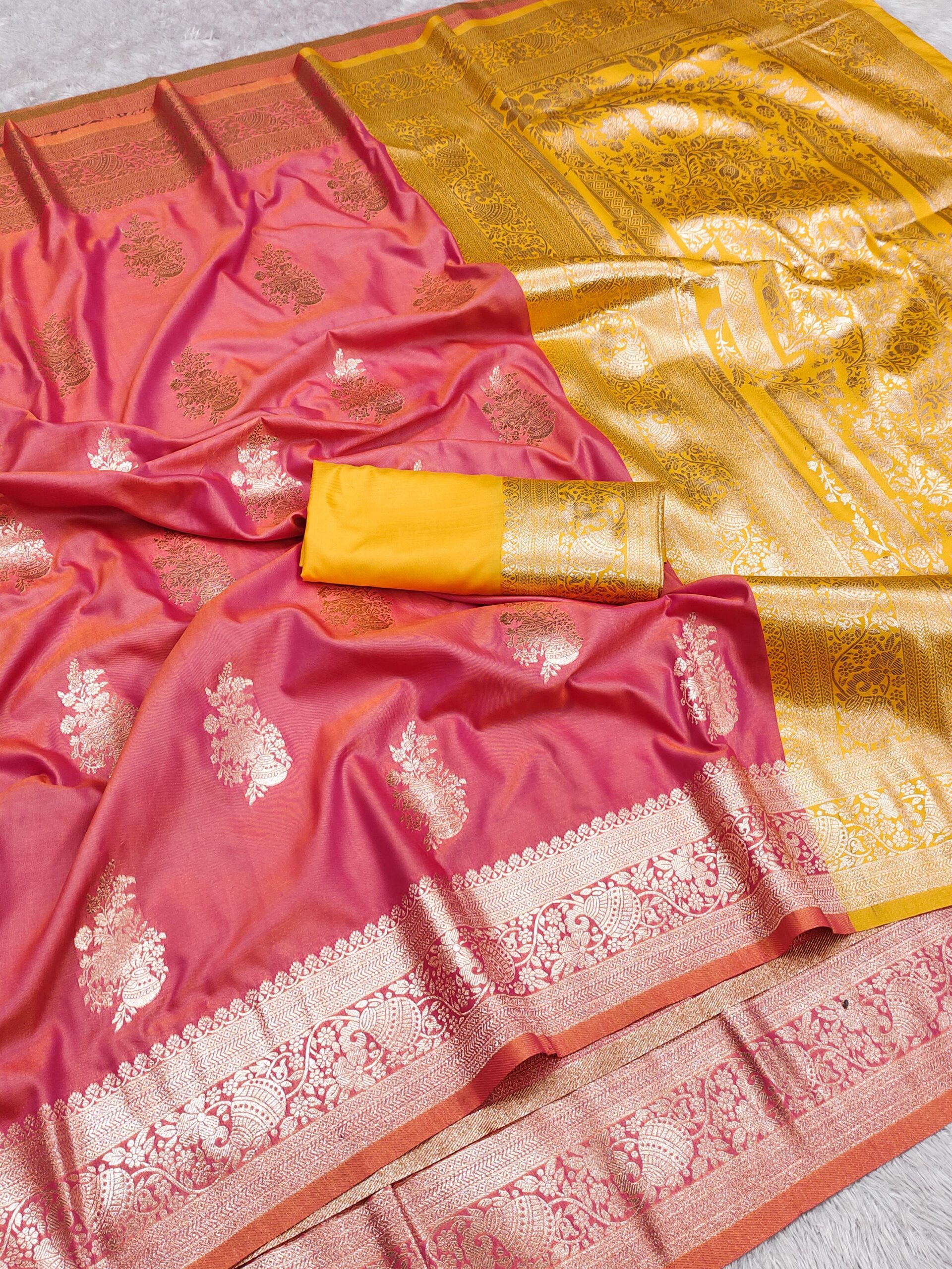 Peach Banarasi Silk Zari Lace Work All Over Saree