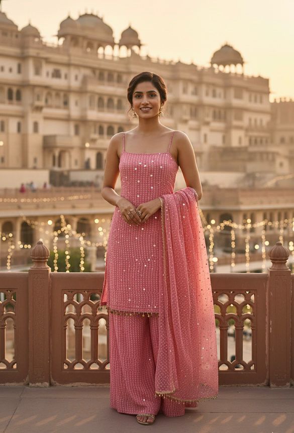 Peach Faux Georgette Sequins Mirror Work Salwar Suit - Image 3