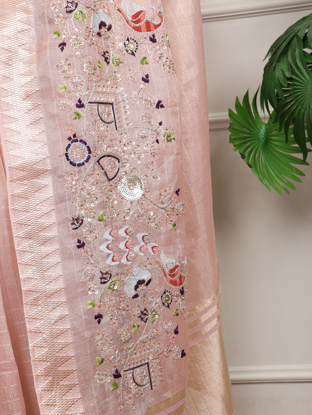 Peach Kota Tissue Zari Embroidery Work Saree - Image 3