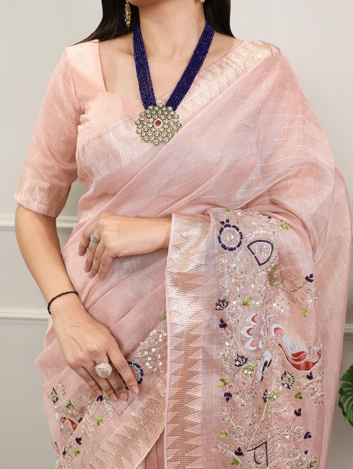 Peach Kota Tissue Zari Embroidery Work Saree - Image 2