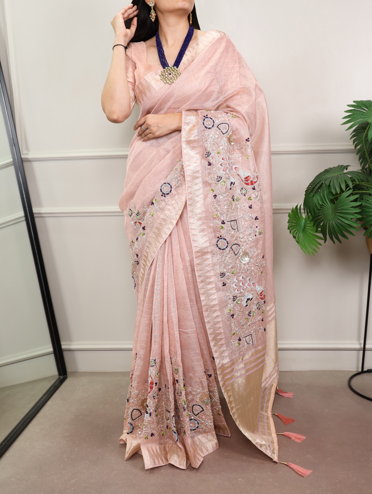 Peach Kota Tissue Zari Embroidery Work Saree