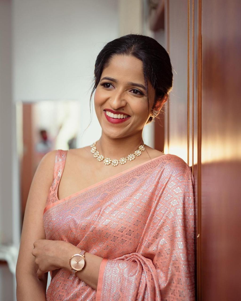 Peach Soft Lichi Silk Rich Pallu On All Over Saree - Image 2