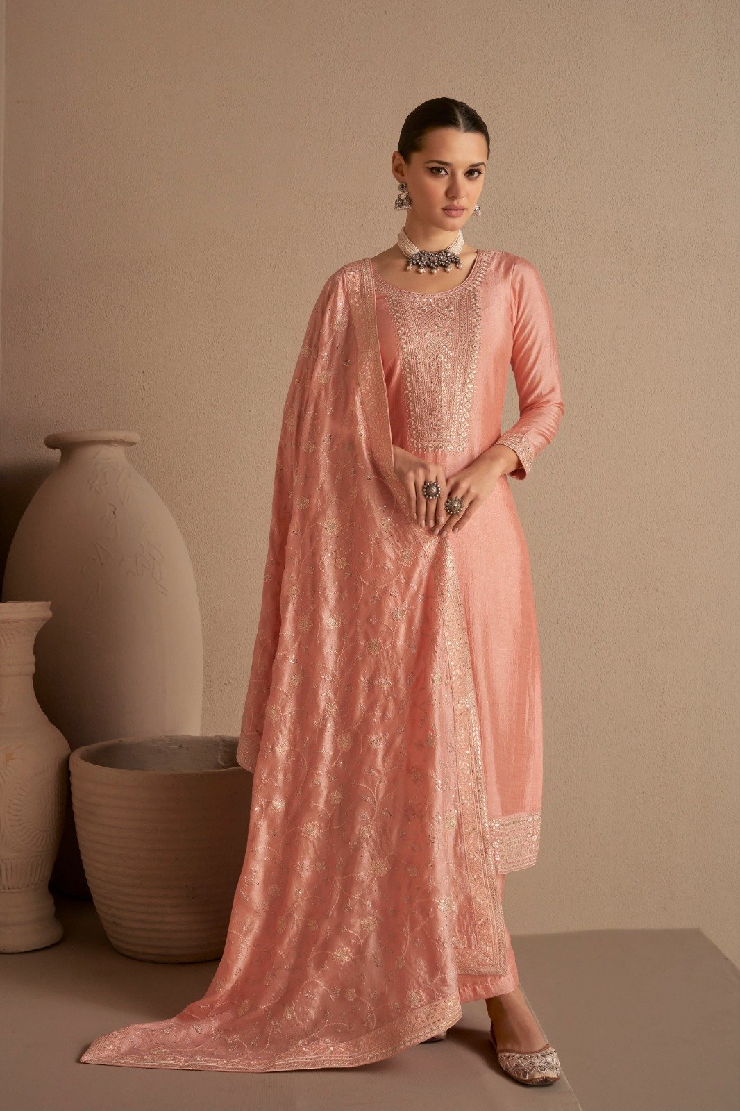 Peach Vichitra Embroidery Stone Work Salwar Suit