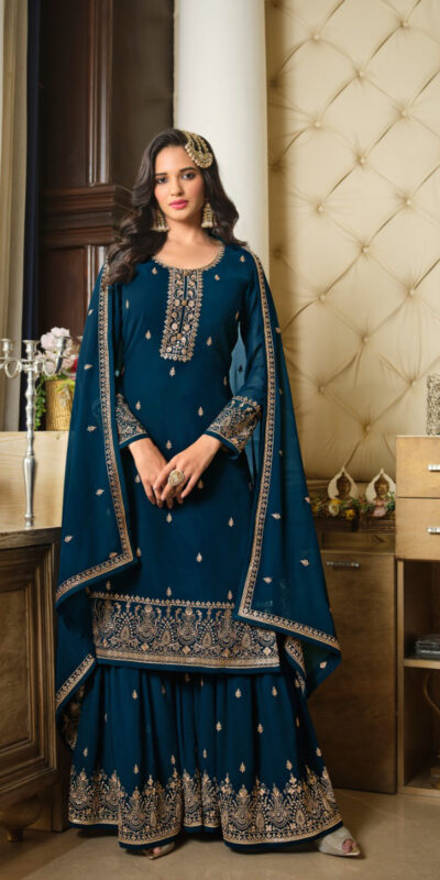 DS LT 8301 Peacock Blue color Georgette Embroidery Sequence Work Sharara Suit Wedding, Festive, Events Etc. Expected Delivery 4-6 Working Days @2149/- | Jump Suits, Salwar suit, Casual Suits, Creative suits, Designer Suits, Palazzo Suits, Party Wear Suits, Patiala Suits, Straight Suits