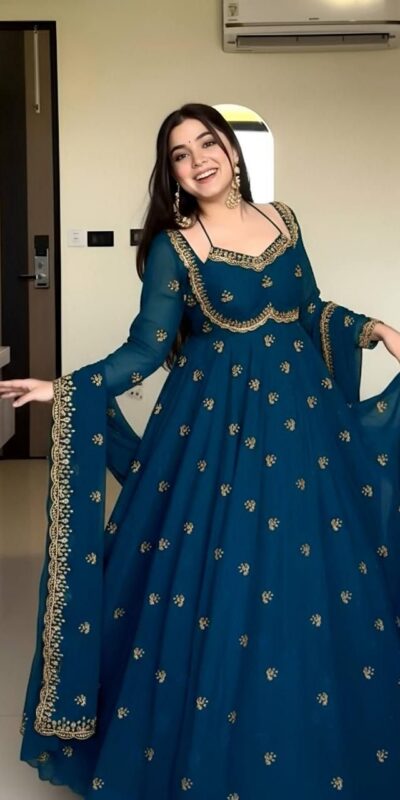 Peacock Blue Georgette Embroidery Work Gown