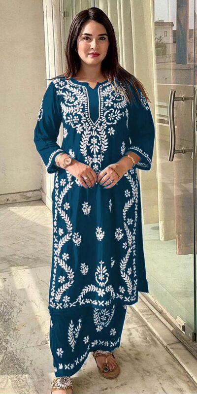 Peacock Blue Rayon Wid Lakhnavi  Style Work Kurti