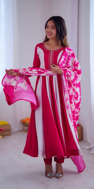 ZF 5014 Pink Roman Silk Gown with Embroidery Work & Digital Print . Exclusive Offer ₹2149. Delivery 4-6 Working Days. Shop now. | Gowns, Bollywood Gowns, Creative Gowns, Designer Gowns, Embroidered Gowns, Party Wear Gowns