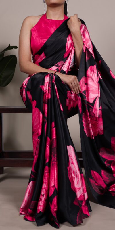 Pink Satin Silk Floral Print Saree