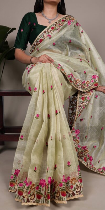 YNF 7400 Pista Zari Kota Tissue Saree Perfect for Wedding, Party, Mehendi, Housewarming, Haldi β . Special Price βΉ3299. Delivery 4-6 Working Days. | Sarees, Bollywood Sarees, Creative Sarees, Designer Sarees, Embroidered Sarees, Ethnic Saree, Modern Digital sarees, Party Wear Sarees