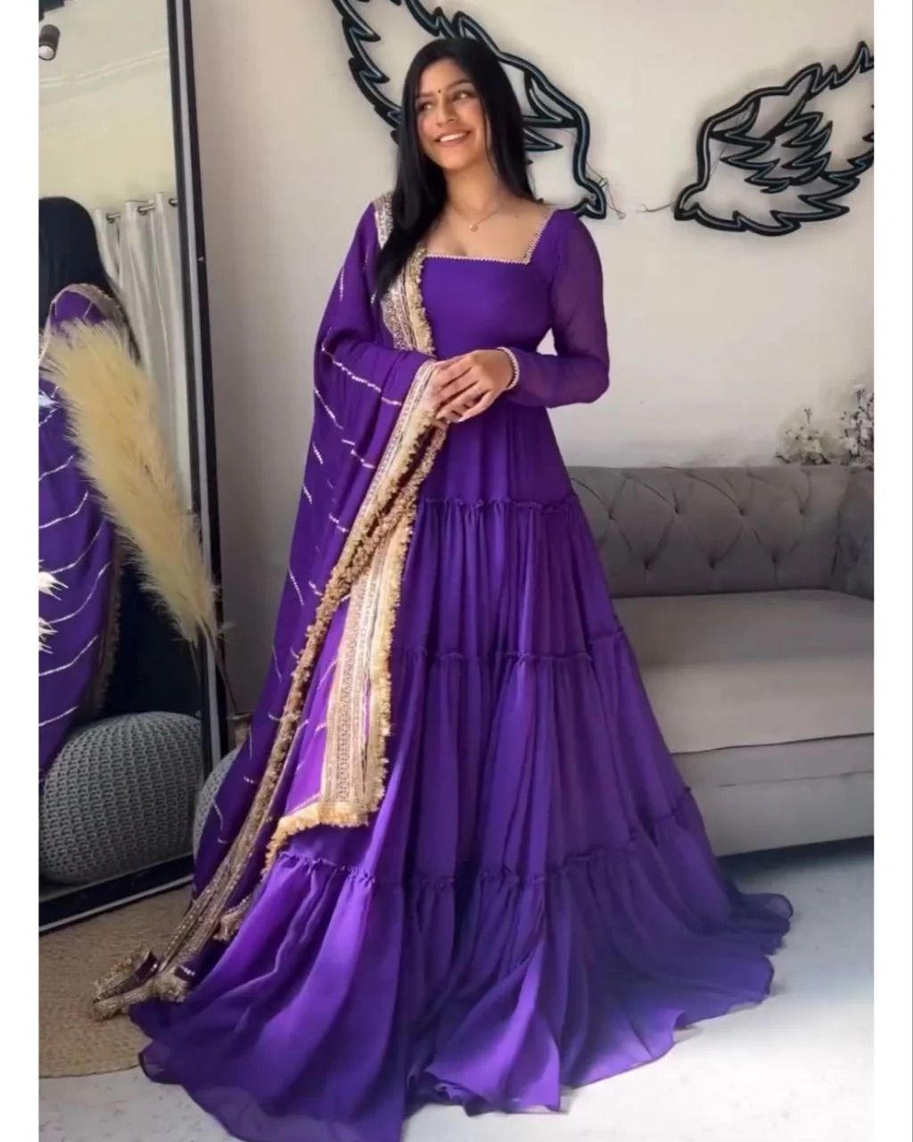 Purple Faux Georgette Ruffle Style Gown