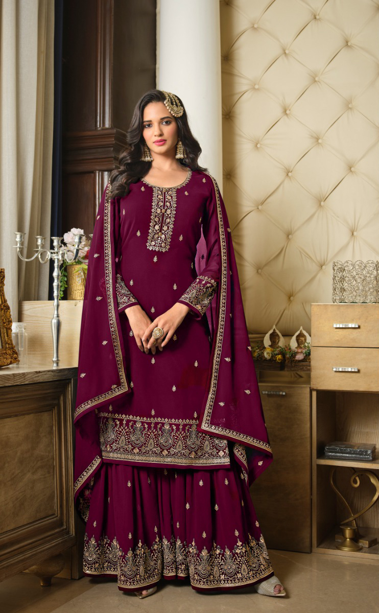 DS LT 8301 Purple color Georgette Embroidery Sequence Work Sharara Suit Wedding, Festive, Events Etc. Expected Delivery 4-6 Working Days @2149/- | Jump Suits, Salwar suit, Casual Suits, Creative suits, Designer Suits, Palazzo Suits, Party Wear Suits, Patiala Suits, Straight Suits