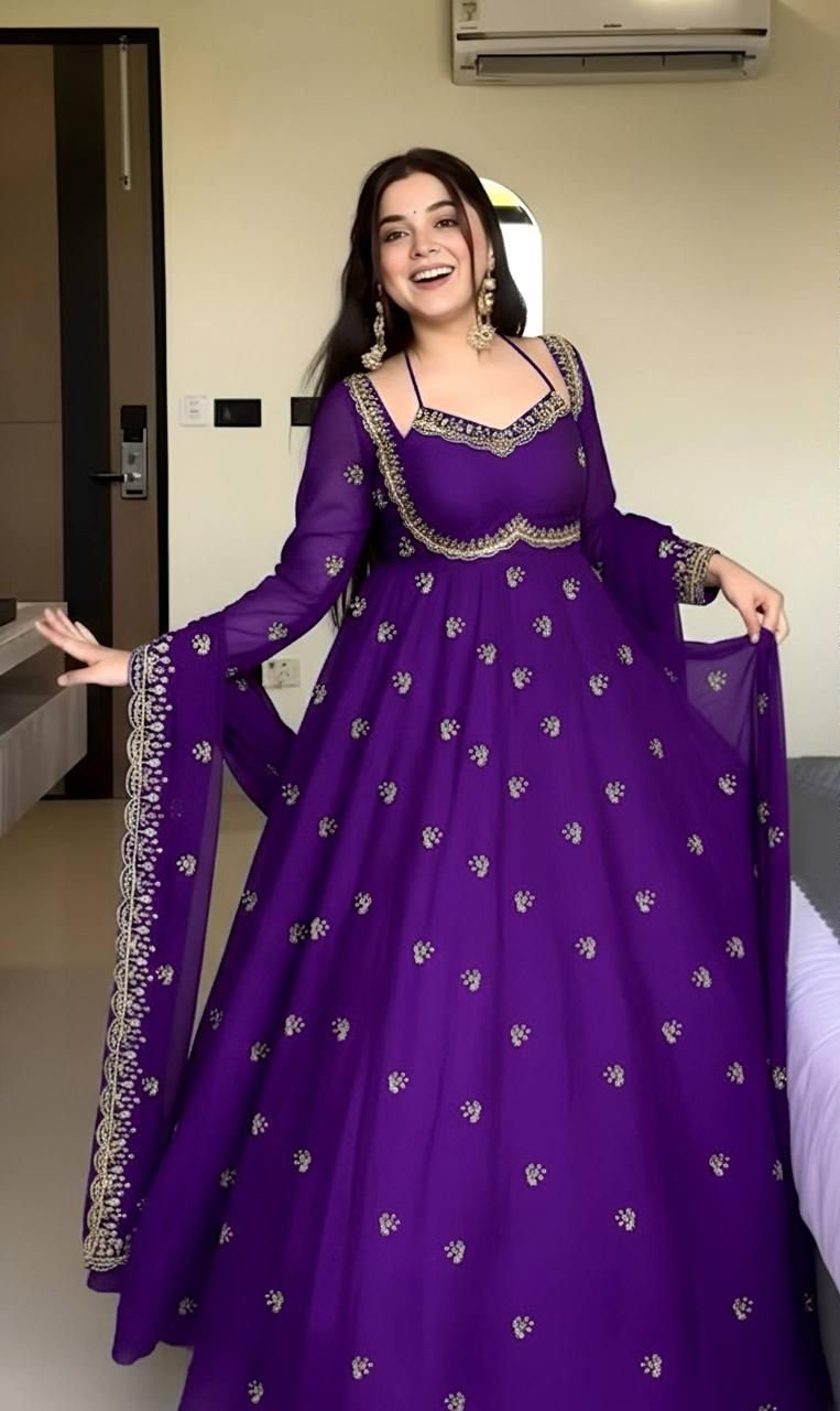 Purple Georgette Embroidery Work Gown - Image 3