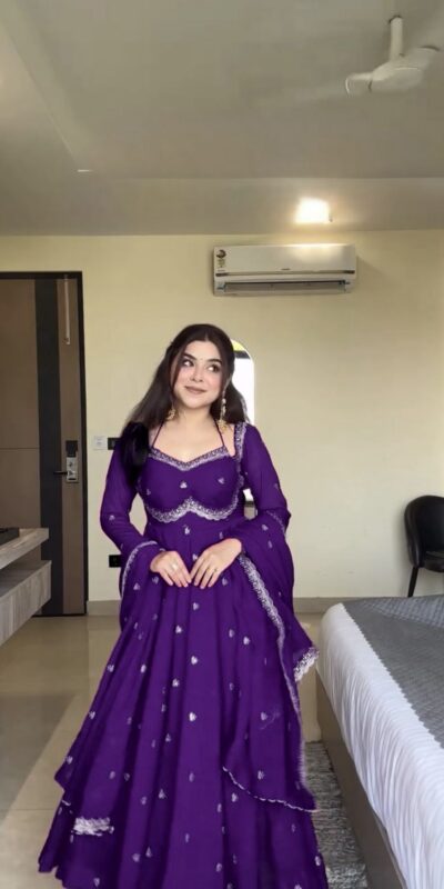 Purple Georgette Embroidery Work Gown