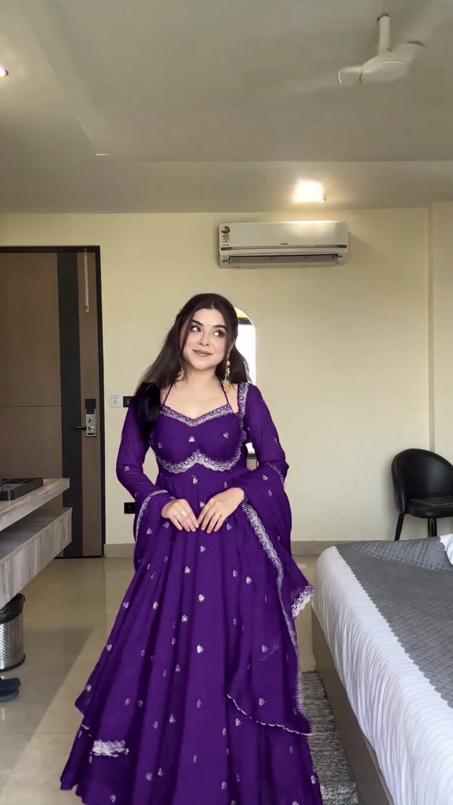 Purple Georgette Embroidery Work Gown