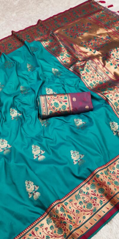 MB 28 Rama Pethani Silk Saree with Zari Work & Lace Work. Wedding, Party, Festive, Events Grab it for ₹2099. Delivery 4-6 Working Days. Shop now. | Sarees, Bollywood Sarees, Creative Sarees, Designer Sarees, Embroidered Sarees, Ethnic Saree, Modern Digital sarees, Party Wear Sarees