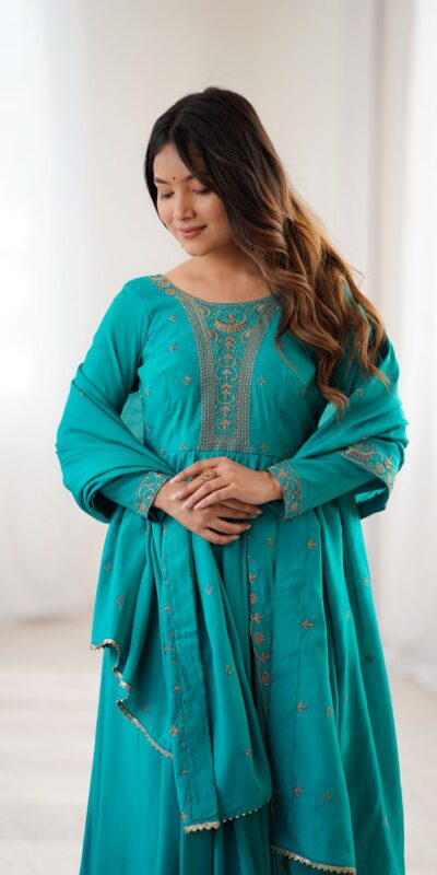 KB 288 Rama in Roman Shimmer Chanderi Silk Embroidery Work & Bead Work Salwar Suit . Grab it for ₹2399. Delivery 4-6 Working Days. Shop now. | Jump Suits, Tops & Bottoms, Track Suits, Salwar suit, Casual Suits, Creative suits, Designer Suits, Palazzo Suits, Party Wear Suits, Patiala Suits, Straight Suits, Trendy Wear