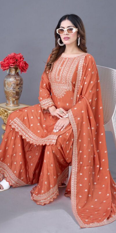 ZF 5006 Orange Color Chinon Silk Sequence Work Salwar Suit Casual, Wedding, Festive, Events . Expected Delivery 4-6 Working Days @2149/- only | Jump Suits, Salwar suit, Casual Suits, Creative suits, Designer Suits, Palazzo Suits, Party Wear Suits, Patiala Suits, Straight Suits