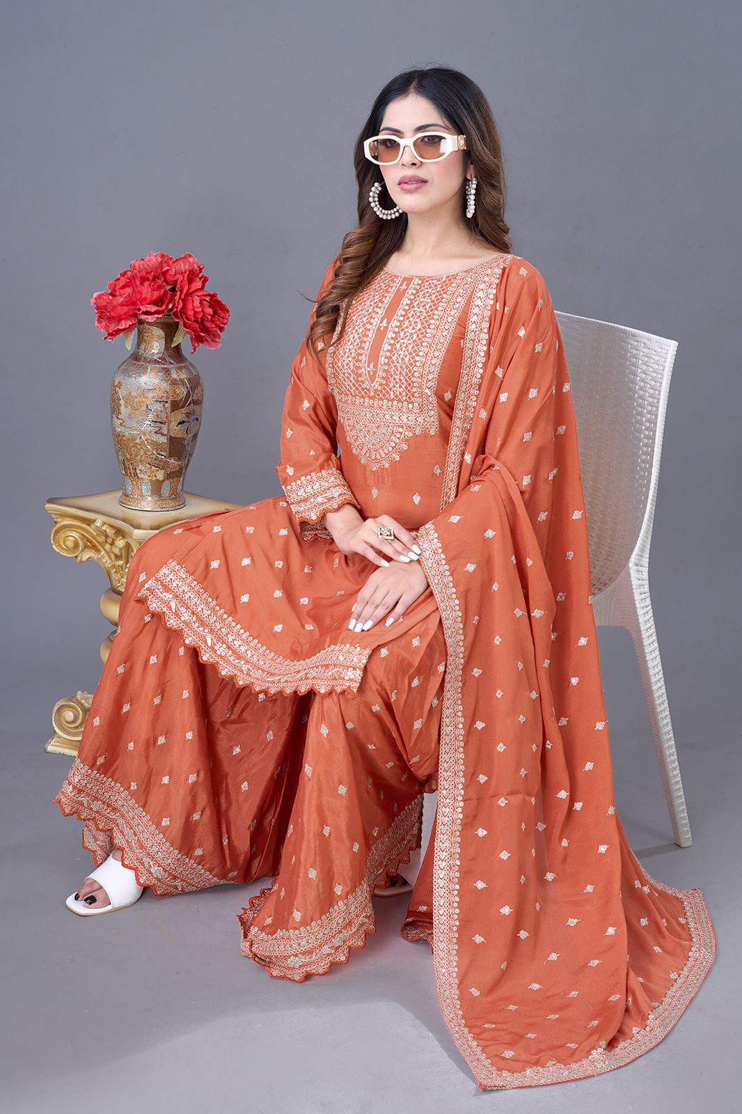 ZF 5006 Orange Color Chinon Silk Sequence Work Salwar Suit Casual, Wedding, Festive, Events . Expected Delivery 4-6 Working Days @2149/- only | Jump Suits, Salwar suit, Casual Suits, Creative suits, Designer Suits, Palazzo Suits, Party Wear Suits, Patiala Suits, Straight Suits
