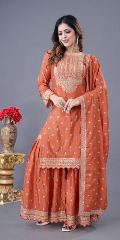 ZF 5006 Orange Color Chinon Silk Sequence Work Salwar Suit Casual, Wedding, Festive, Events . Expected Delivery 4-6 Working Days @2149/- only | Jump Suits, Salwar suit, Casual Suits, Creative suits, Designer Suits, Palazzo Suits, Party Wear Suits, Patiala Suits, Straight Suits