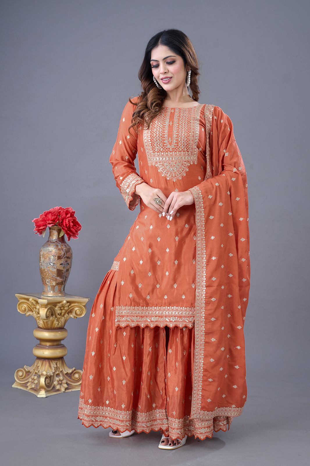 ZF 5006 Orange Color Chinon Silk Sequence Work Salwar Suit Casual, Wedding, Festive, Events . Expected Delivery 4-6 Working Days @2149/- only | Jump Suits, Salwar suit, Casual Suits, Creative suits, Designer Suits, Palazzo Suits, Party Wear Suits, Patiala Suits, Straight Suits