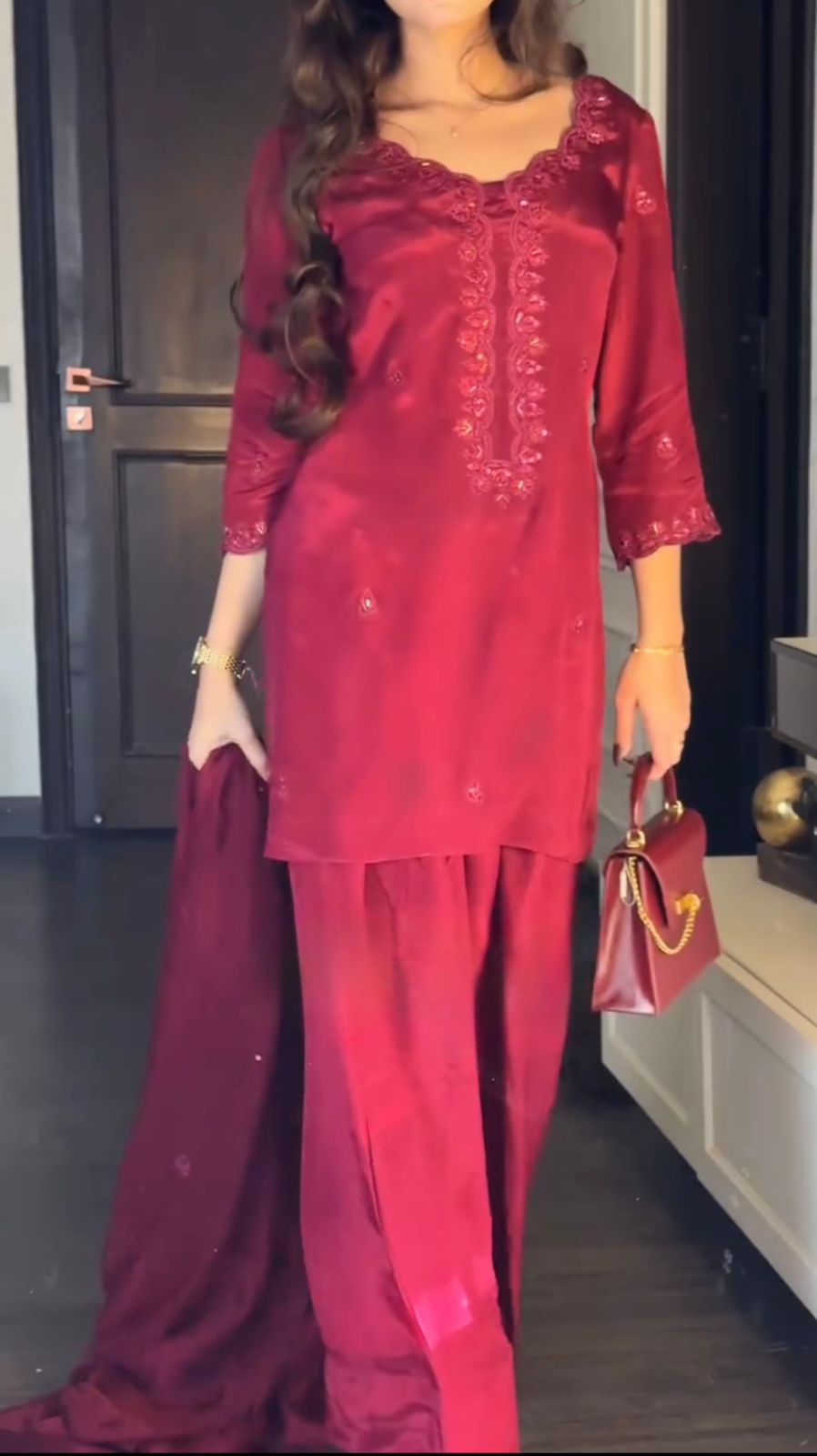 Red Chinon Silk Sequence Work Salwar Suit - Image 3