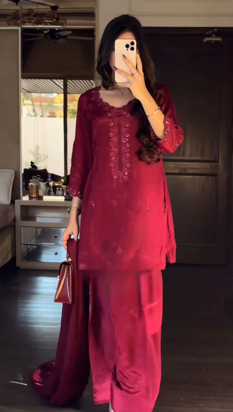 Red Chinon Silk Sequence Work Salwar Suit