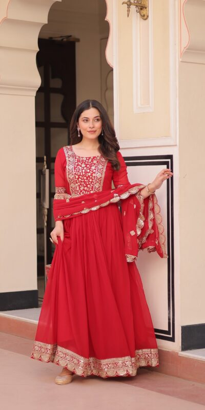 KA 1177 Red in Faux Blooming Embroidery Work & Zari Work Gown . Special Price ₹2049. Delivery 4-6 Working Days. Shop now. | Gowns, Bollywood Gowns, Creative Gowns, Designer Gowns, Embroidered Gowns, Party Wear Gowns
