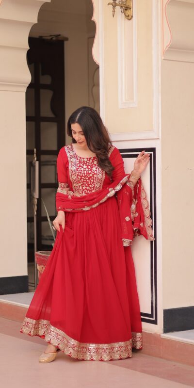 KA 1177 Red in Faux Blooming Embroidery Work & Zari Work Gown . Special Price ₹2049. Delivery 4-6 Working Days. Shop now. | Gowns, Bollywood Gowns, Creative Gowns, Designer Gowns, Embroidered Gowns, Party Wear Gowns