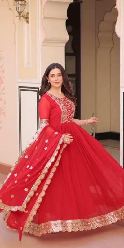 KA 1177 Red in Faux Blooming Embroidery Work & Zari Work Gown . Special Price ₹2049. Delivery 4-6 Working Days. Shop now. | Gowns, Bollywood Gowns, Creative Gowns, Designer Gowns, Embroidered Gowns, Party Wear Gowns