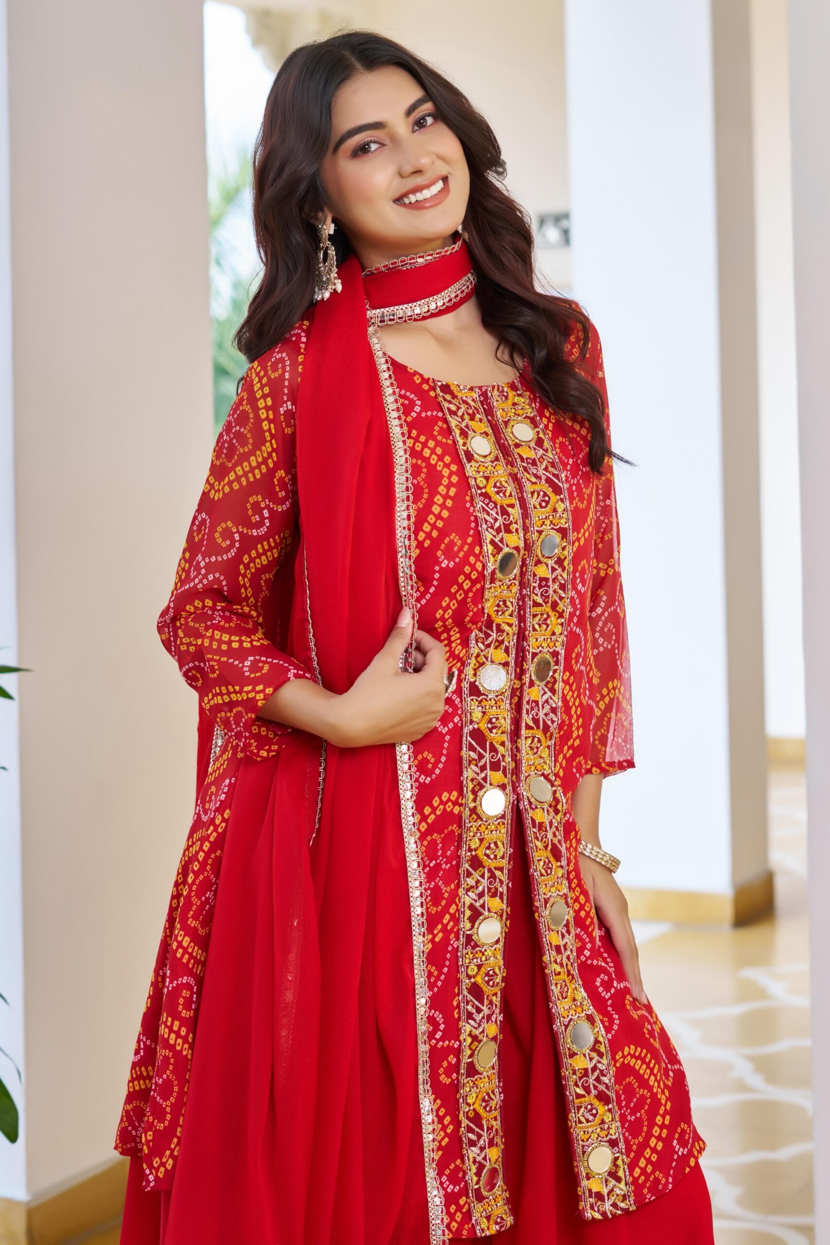 Red Georgette Badhani Print Embroidery Work Salwar Suit - Image 5
