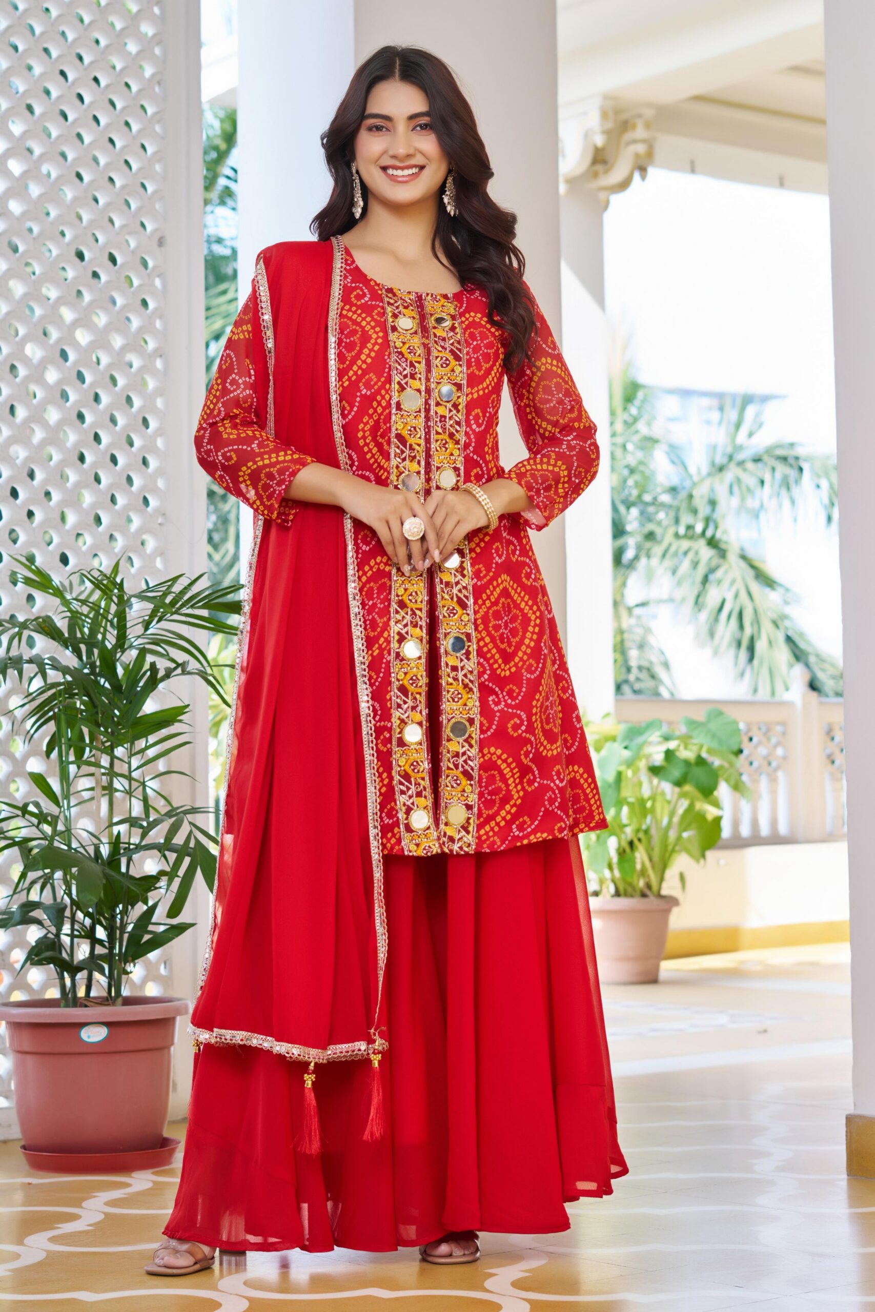 Red Georgette Badhani Print Embroidery Work Salwar Suit - Image 4
