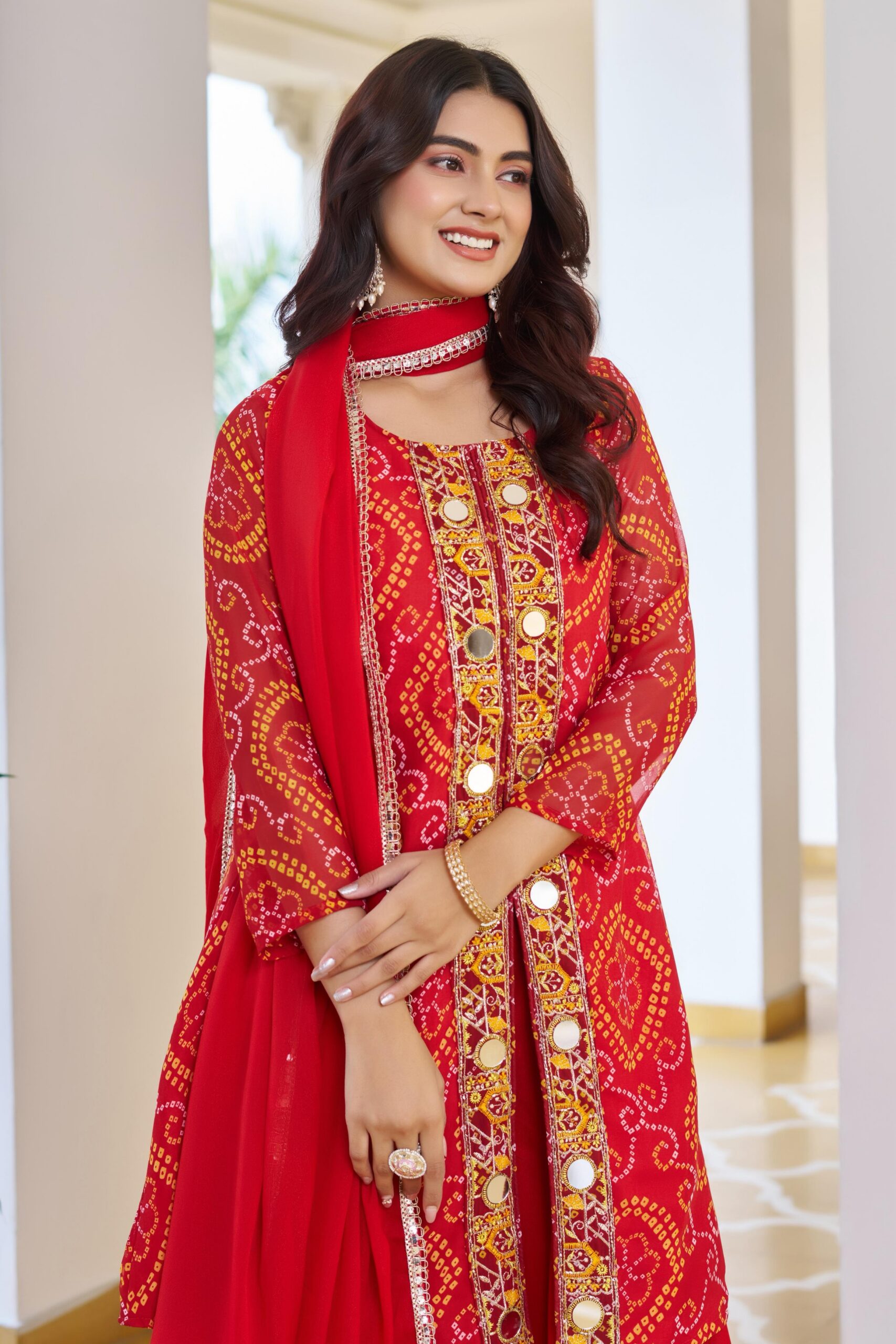 Red Georgette Badhani Print Embroidery Work Salwar Suit - Image 2