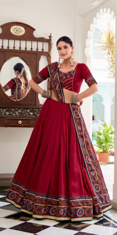 LNB 1243 Red Color Tasar Silk Gamthi Print Embossed Gotta Patti Lace Lehenga Choli Festive Party Wedding, Events etc. Delivery 4-6 Working Days @2999/- | Lehenga, Bollywood Lehenga, Creative Lehenga, Designer Lehenga, Embroidered Lehenga, Party Wear Lehenga