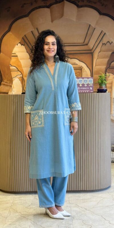 Sky Blue Cambric Cotton Embroidery Lace Work Kurti