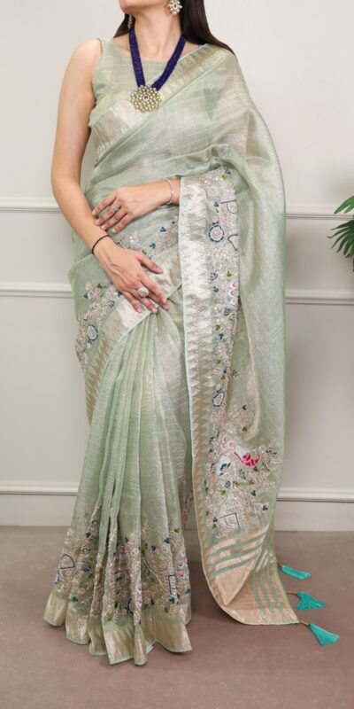 Sky Blue Kota Tissue Zari Embroidery Work Saree