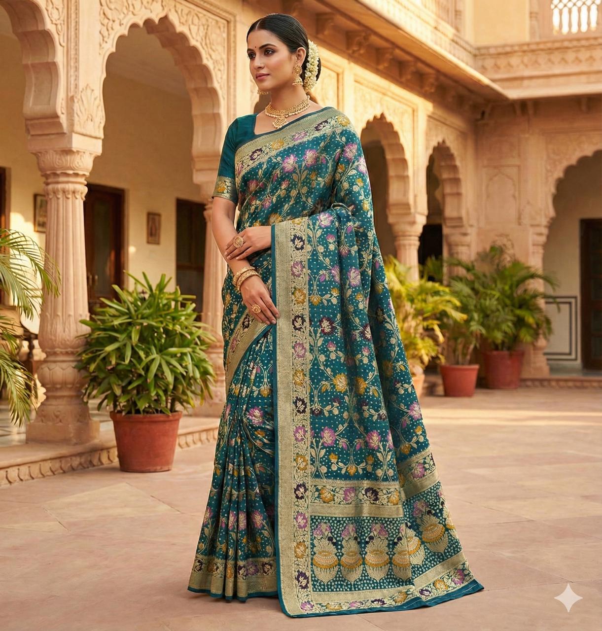 Teal Banarasi Silk Zari Work All Over Saree