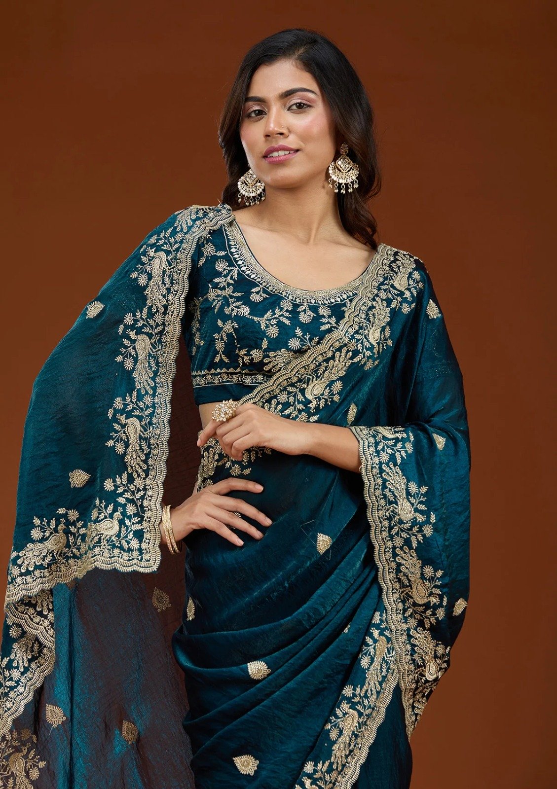 Teal Fandy Satin Silk Embroidery Work Saree - Image 4