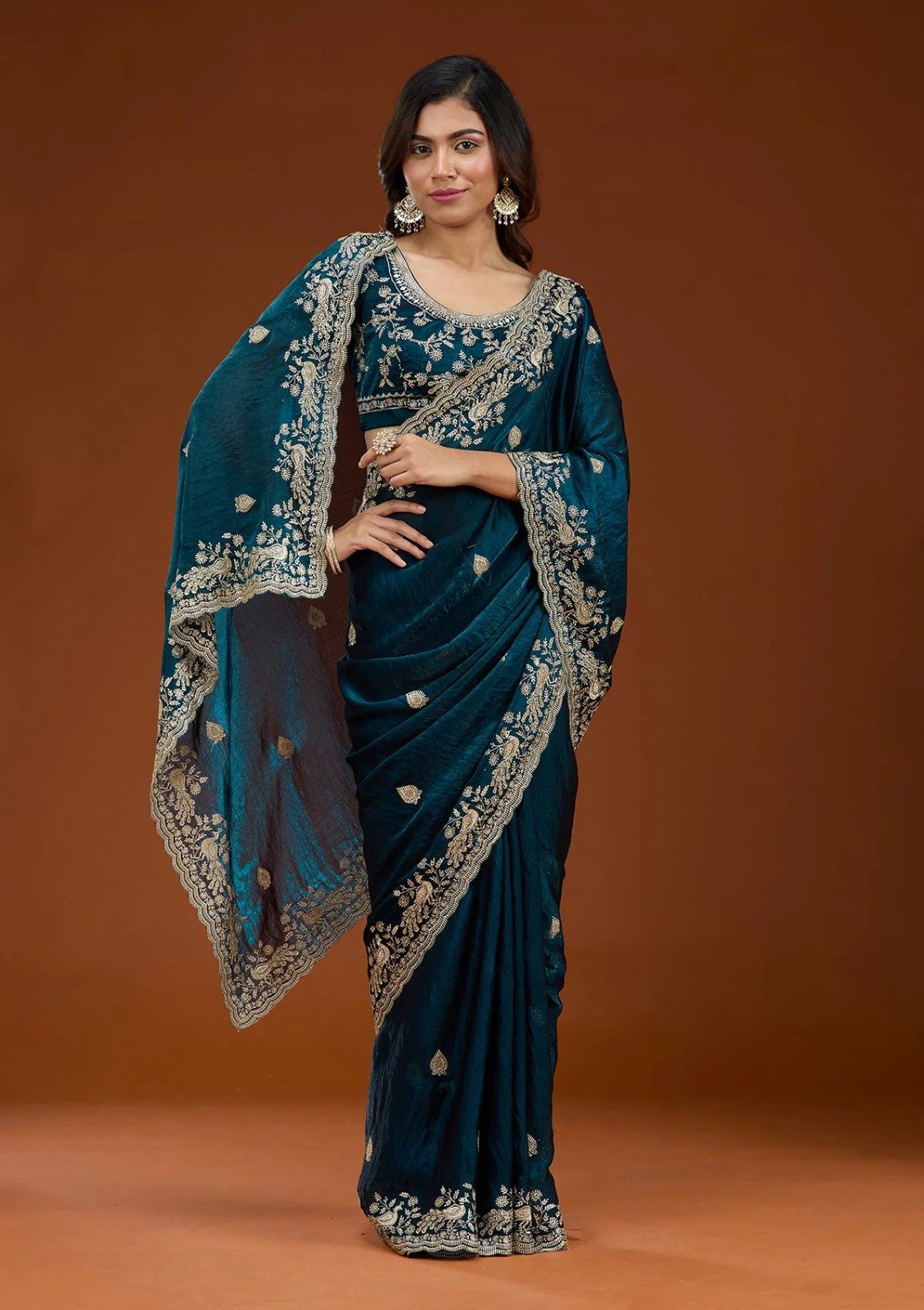 Teal Fandy Satin Silk Embroidery Work Saree - Image 3