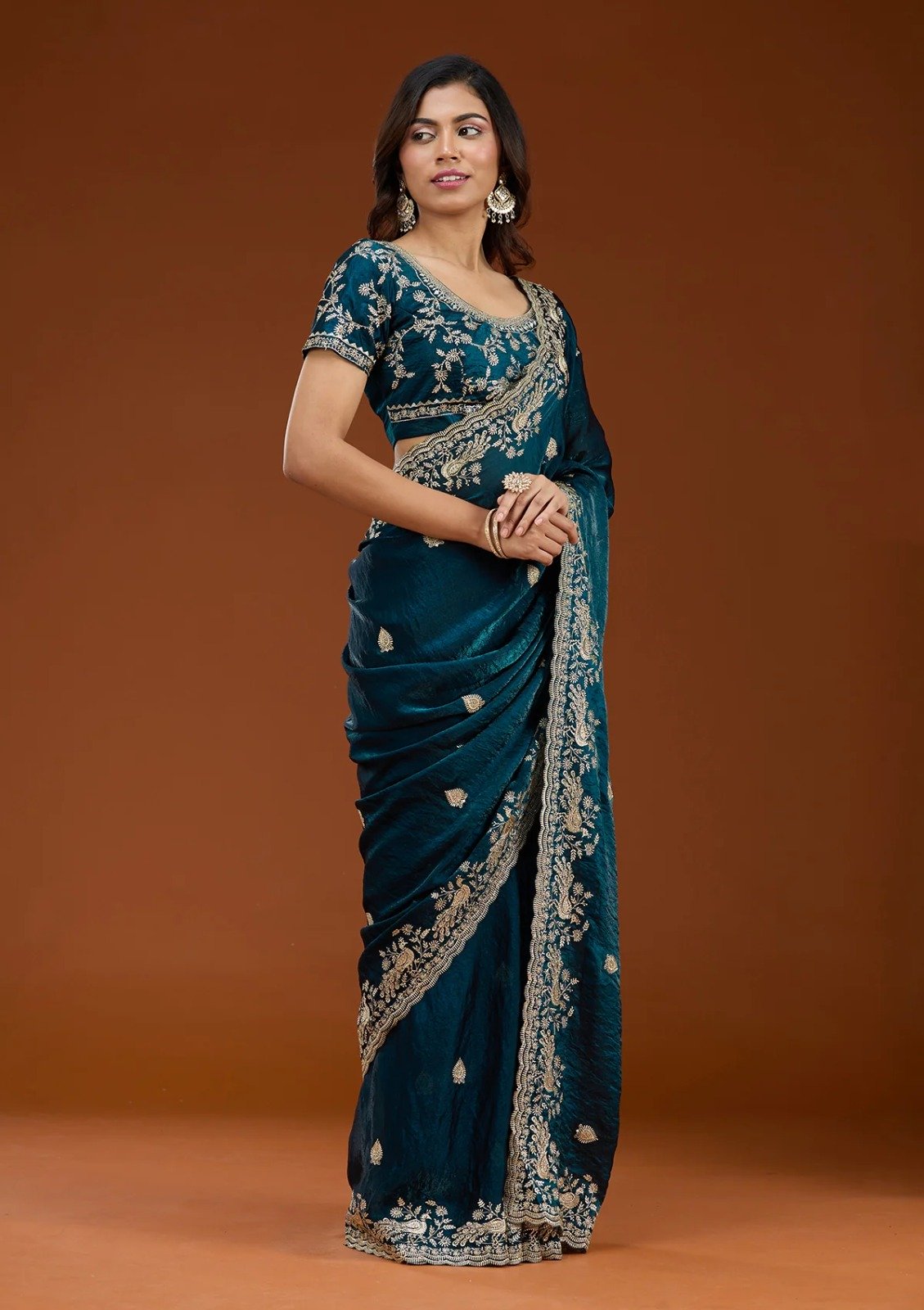 Teal Fandy Satin Silk Embroidery Work Saree - Image 2
