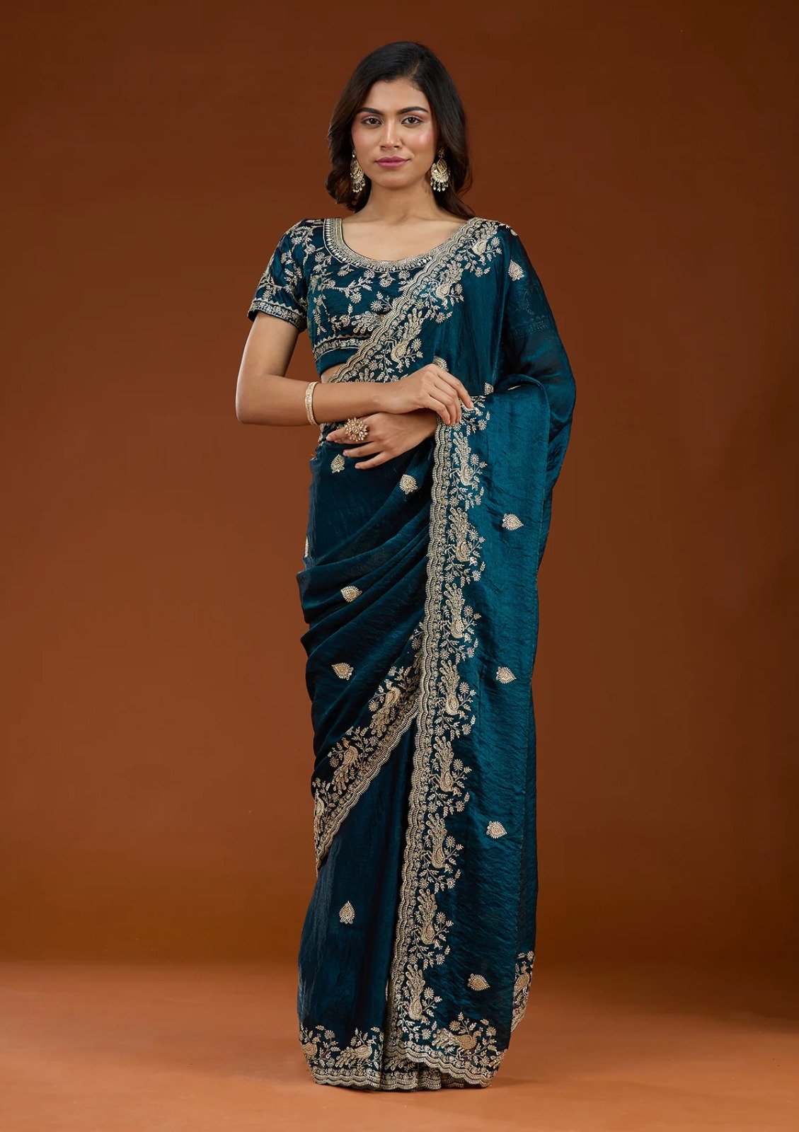 Teal Fandy Satin Silk Embroidery Work Saree