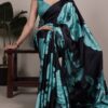 Teal Satin Silk Floral Print Saree