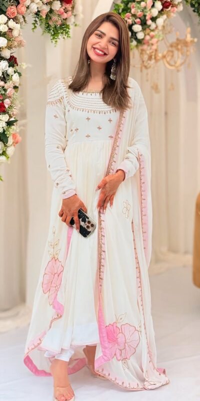 White Georgette Embroidery Work Gown