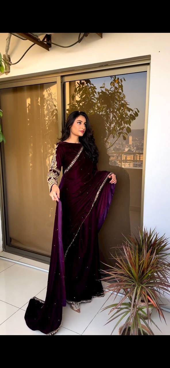 ST 403 Wine in 9000 Velvet Embroidery Work & Lace Work Saree . Introductory Price ₹1999. Delivery 4-6 Working Days. Shop now. | Sarees, Bollywood Sarees, Creative Sarees, Designer Sarees, Embroidered Sarees, Ethnic Saree, Modern Digital sarees, Party Wear Sarees