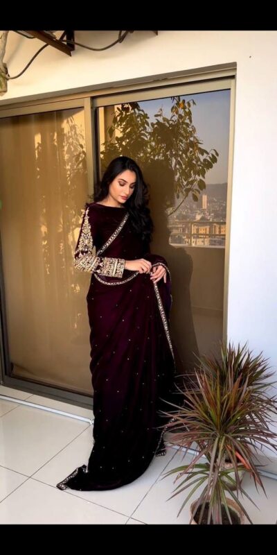 ST 403 Wine in 9000 Velvet Embroidery Work & Lace Work Saree . Introductory Price ₹1999. Delivery 4-6 Working Days. Shop now. | Sarees, Bollywood Sarees, Creative Sarees, Designer Sarees, Embroidered Sarees, Ethnic Saree, Modern Digital sarees, Party Wear Sarees