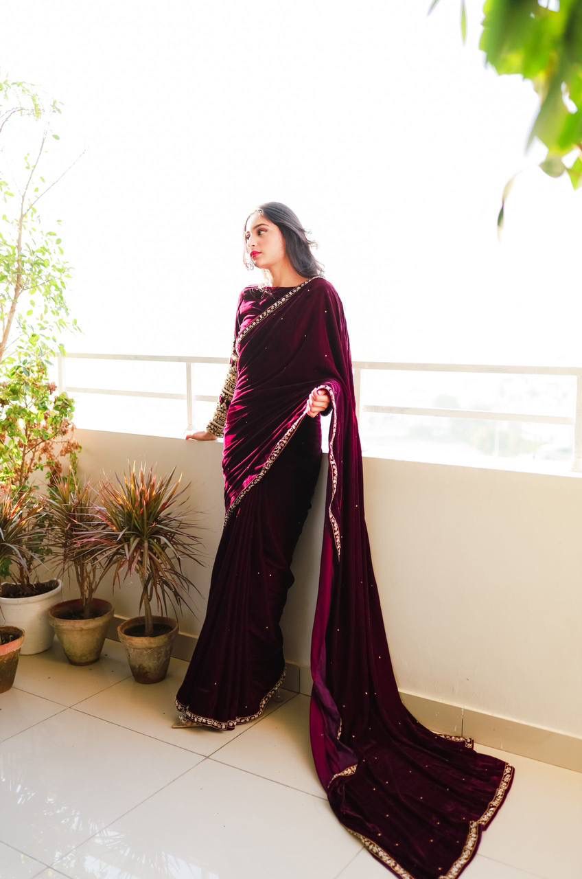 ST 403 Wine in 9000 Velvet Embroidery Work & Lace Work Saree . Introductory Price ₹1999. Delivery 4-6 Working Days. Shop now. | Sarees, Bollywood Sarees, Creative Sarees, Designer Sarees, Embroidered Sarees, Ethnic Saree, Modern Digital sarees, Party Wear Sarees