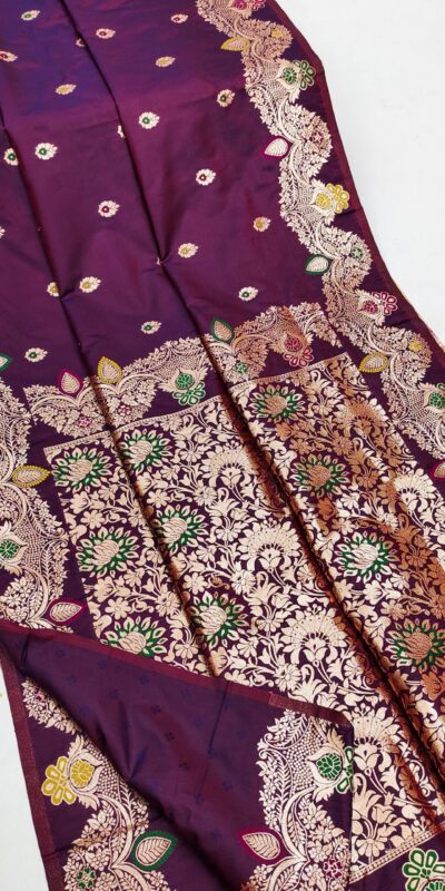 Wine Banarasi Lace Work Gold Zari Border Saree