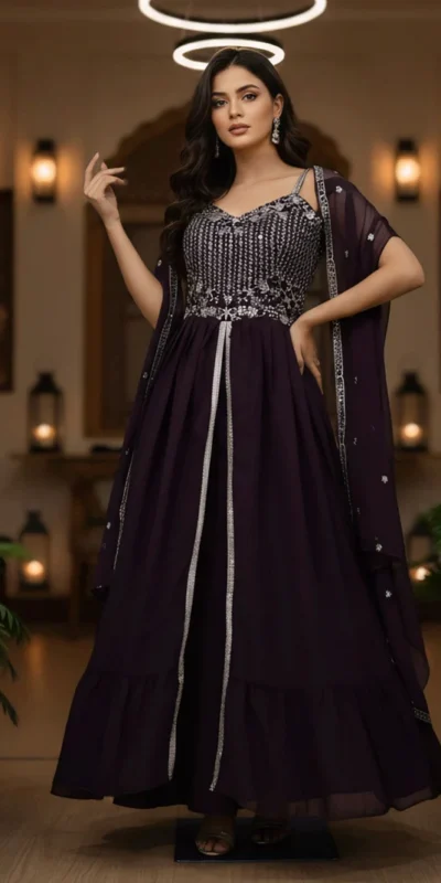 ST 1139 Wine in Faux Georgette Embroidery Work & Lace Work Lehenga Choli . Available at ₹1949 only. Delivery 4-6 Working Days. Shop now. | Lehenga, Bollywood Lehenga, Creative Lehenga, Designer Lehenga, Embroidered Lehenga, Party Wear Lehenga