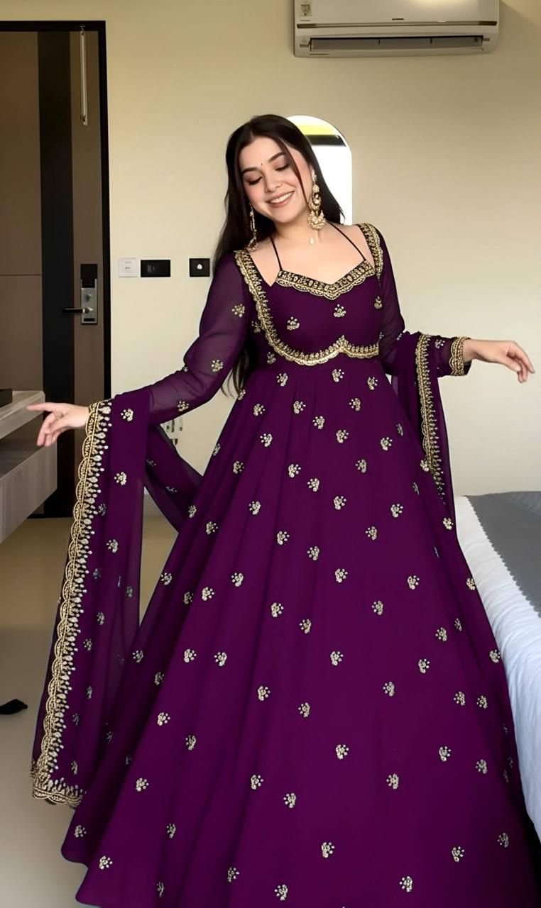 Wine Georgette Embroidery Work Gown