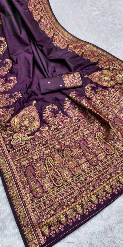 Wine Pashmina Silk Woven Motifs Saree
