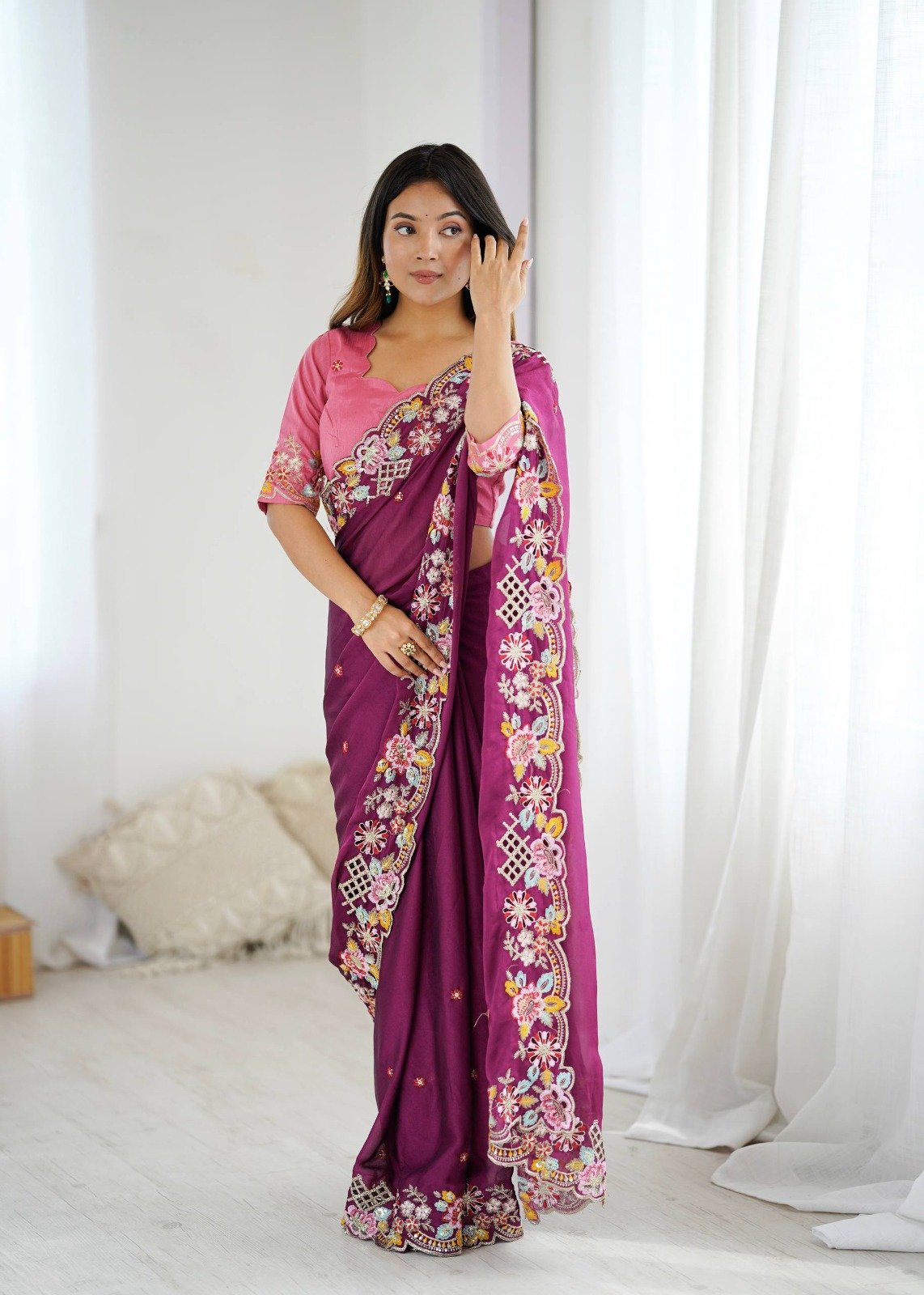 Wine Premium Noha Crush Sequins Work Saree - Image 5